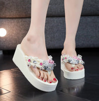 Hello Kitty Sanrio Soft Flip Flop Sandals Y2k Beach Slides Shoes Women Casual Wedge High Heels Platform For Slippers Ladies Gift Rice white