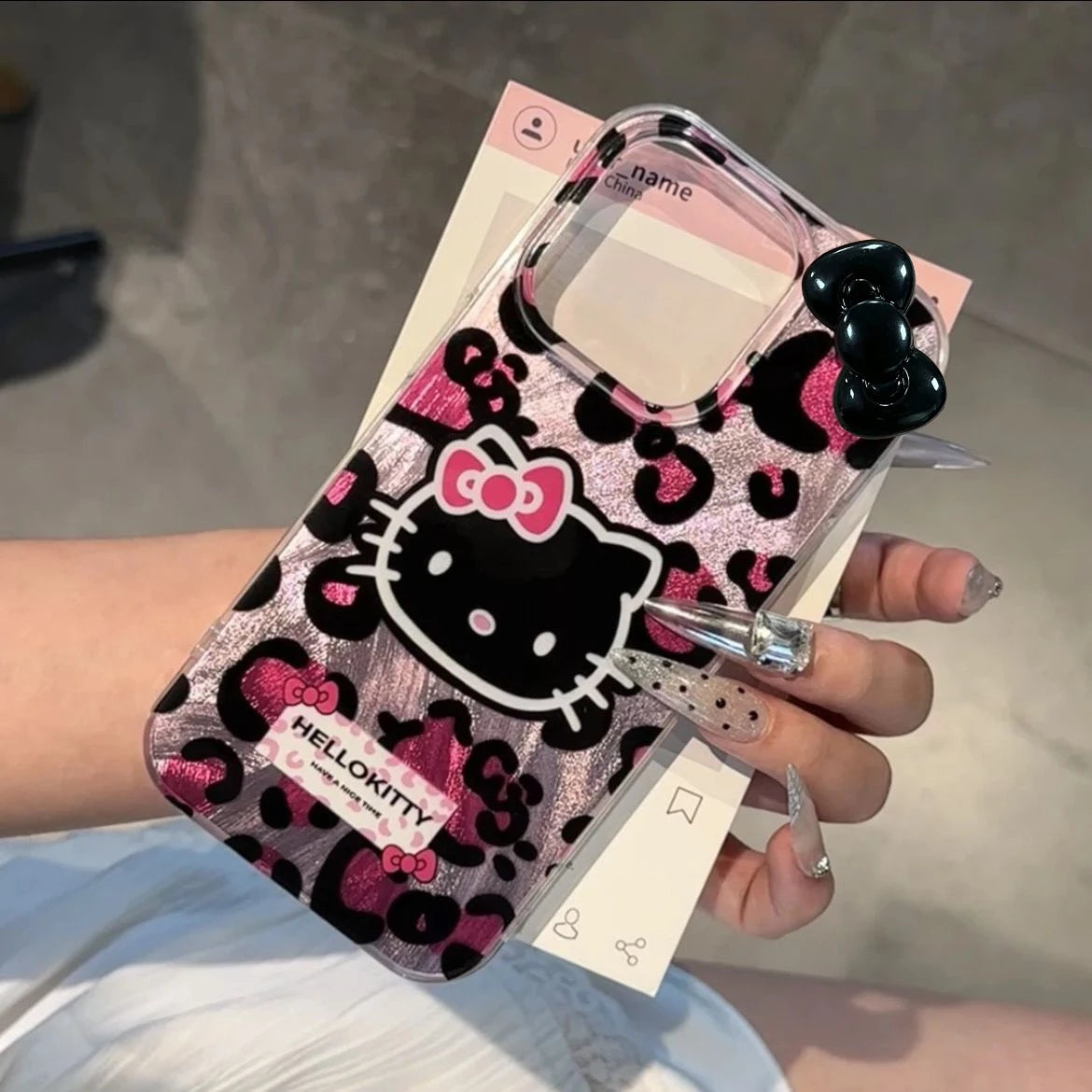 Pink Leopard Print HelloKitty Bow iPhone Case for iPhone 15 14 13 12 11 Pro Max XR XS 7 8 Plus