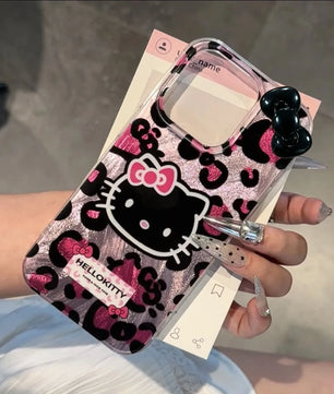 Pink Leopard Print HelloKitty Bow iPhone Case for iPhone 15 14 13 12 11 Pro Max XR XS 7 8 Plus