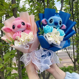 Lusy Store LLC Stitch Winnie the Pooh SpongeBob Plush Toy With Flowers Creative Handmade Bouquet Valentine Christmas Graduation Gift Bouquet