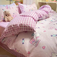 Hello Kitty Bedding Set Kawaii Cartoon Bed Linen Sheet Duvet Cover With Pillowcase Girls Bed Cover Set A