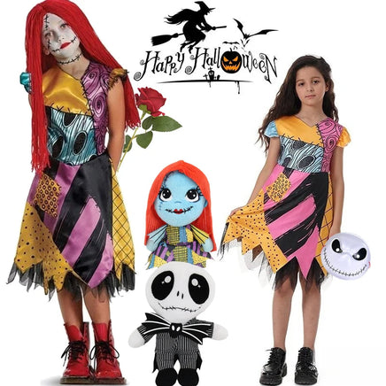 2024 halloween Costumes Kids Girls Cosplay Clothing The Nightmare Before Christmas Children Princess Sally With Bag Suit 2-10T