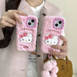 Cute Sanrio Hello Kitty Furry Plush Phone Case for iPhone 16 15 14 13 12 Pro Max