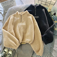 Lusy Store LLC Women Stand Neck Fleece Cropped Hoodies Letter Embroidery Long Sleeve Drawstring Sweatshirt Elegant Plush Velvet Tops Hoodie