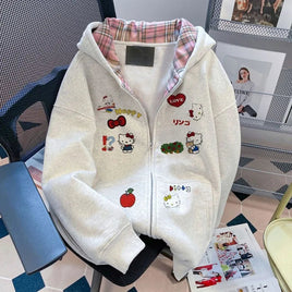 Sanrio Hello Kitty Plaid Hooded Sweatshirt Kawaii Women's Couple Zipper Jacket Cartoon Anime Accessories Breathable Sportswear
