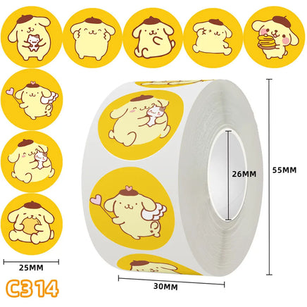 500Pcs/roll New Kawaii Sanrio Sticker Cute Cinnamoroll Kuromi Hello Kitty Cartoon Kids Reward Stickers Gift Decor Decals Toys Pompom Purin