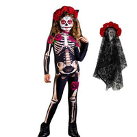 Girls Ghost Bride Gothic Rose Skeleton Scary Halloween Cosplay Costume Dress Role Play Carnival Children Party Outfit 2 PCS Set B