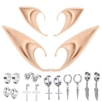2-14pcs Stainless Steel Punk Dangle Hoop Piercing Earrings with 2Pairs Fairy Elf Ears for Women Men Halloween Cosplay Photo Prop 14pcs with Ears S