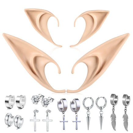 2-14pcs Stainless Steel Punk Dangle Hoop Piercing Earrings with 2Pairs Fairy Elf Ears for Women Men Halloween Cosplay Photo Prop 14pcs with Ears S