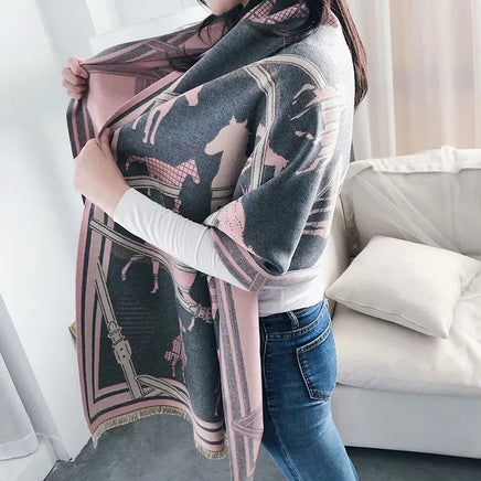 Throw Blanket Luxury Winter Cashmere Scarf Women Design Warm Blanket Horse Scarves Female Shawl Wraps Poncho Feminino Inverno Lusy Store
