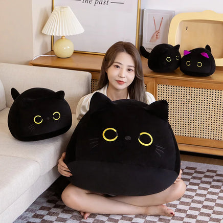 Lusy Store LLC Big Size Plush Cat Pillow Round Black Cat Bed Cushion Sleeping Toys Stuffed Soft Animal Dolls Kids Birthday Gift Plush
