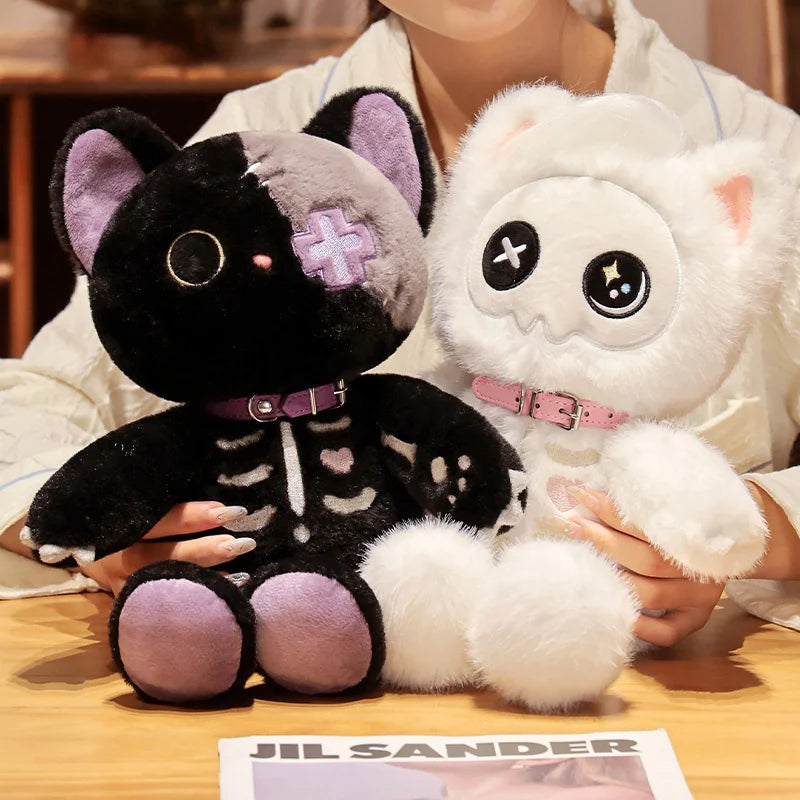 Lusy Store LLC Black White Kitten Scary Darkness Skeleton Cartoon Animal Doll Plush Toy Stuffed Halloween's Days Decor Present Plush