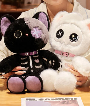 Lusy Store LLC Black White Kitten Scary Darkness Skeleton Cartoon Animal Doll Plush Toy Stuffed Halloween's Days Decor Present Plush