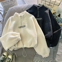 Lusy Store LLC Women Stand Neck Fleece Cropped Hoodies Letter Embroidery Long Sleeve Drawstring Sweatshirt Elegant Plush Velvet Tops Hoodie