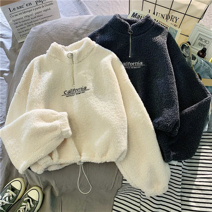 Lusy Store LLC Women Stand Neck Fleece Cropped Hoodies Letter Embroidery Long Sleeve Drawstring Sweatshirt Elegant Plush Velvet Tops Hoodie