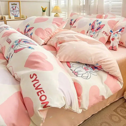 100% Cotton Duvet Set Pokemon Psyduck Eevee 4pcs Set Kids Pure Cotton 3pcs Pack of Bed sheets Pillow cases duvet covers Lusy Store