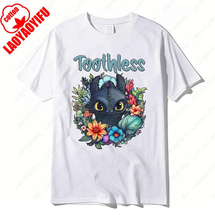 How To Train Your Dragon Toothless Floral Cotton T-Shirt Fashion Cartoon Anime Graphic Tshirt Funny Kawaii Men Woman Casual Tee Wu-white-02