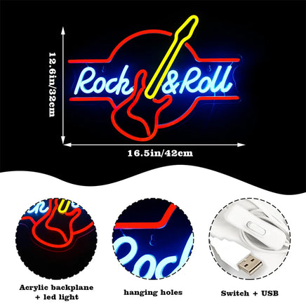 Lusy Store LLC Rock Roll Neon Signs Guitar Music Led Neon Wall Decor for Game Room Music Party Rock Studio Bar Disco Neon Sign