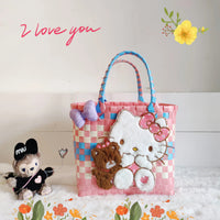 Sanrio Hello Kitty Handmade Limited Edition Sea Salt Blue College Style Kitty Cat Woven Bag For Girls Y2k Handbag Periphery F
