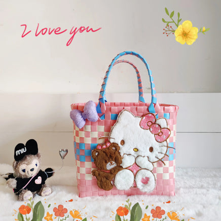 Sanrio Hello Kitty Handmade Limited Edition Sea Salt Blue College Style Kitty Cat Woven Bag For Girls Y2k Handbag Periphery F