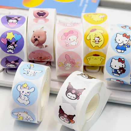 500Pcs/roll New Kawaii Sanrio Sticker Cute Cinnamoroll Kuromi Hello Kitty Cartoon Kids Reward Stickers Gift Decor Decals Toys