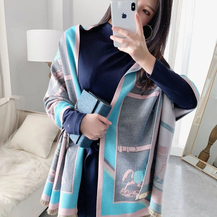 Throw Blanket Luxury Winter Cashmere Scarf Women Design Warm Blanket Horse Scarves Female Shawl Wraps Poncho Feminino Inverno Lusy Store