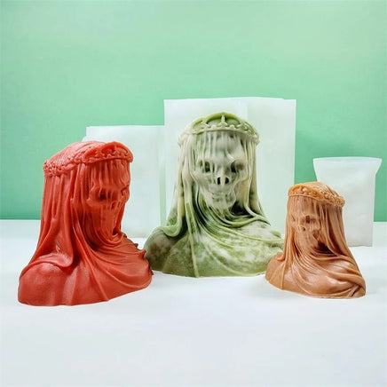 3D Masked Veil Skull Candle Silicone Mold Halloween Decor Skeleton Bust Statue Scented Candle Resin Casting Mould Holiday Gifts