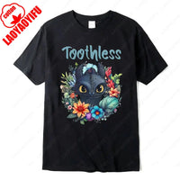 How To Train Your Dragon Toothless Floral Cotton T-Shirt Fashion Cartoon Anime Graphic Tshirt Funny Kawaii Men Woman Casual Tee Wu-black-01