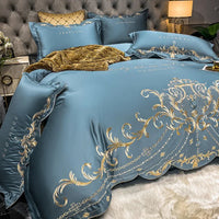 Egyptian Cotton Bedding Set Golden Embroidery Home Textiles Super Soft Bed Duvet Sheet Set King Queen Size Chic Stitch Linen 이불 Lusy Store