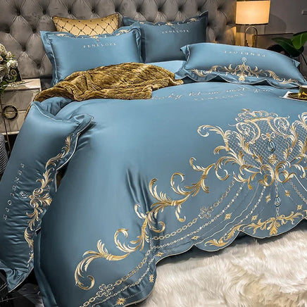 Egyptian Cotton Bedding Set Golden Embroidery Home Textiles Super Soft Bed Duvet Sheet Set King Queen Size Chic Stitch Linen 이불 Lusy Store