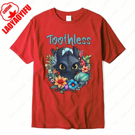 How To Train Your Dragon Toothless Floral Cotton T-Shirt Fashion Cartoon Anime Graphic Tshirt Funny Kawaii Men Woman Casual Tee Wu-red-05