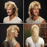 Synthetic Long Blonde Mullet Wig Machine Made for Men 70s 80s Costume Fancy Party Curly Punk Rocker Halloween Costumes Male Use