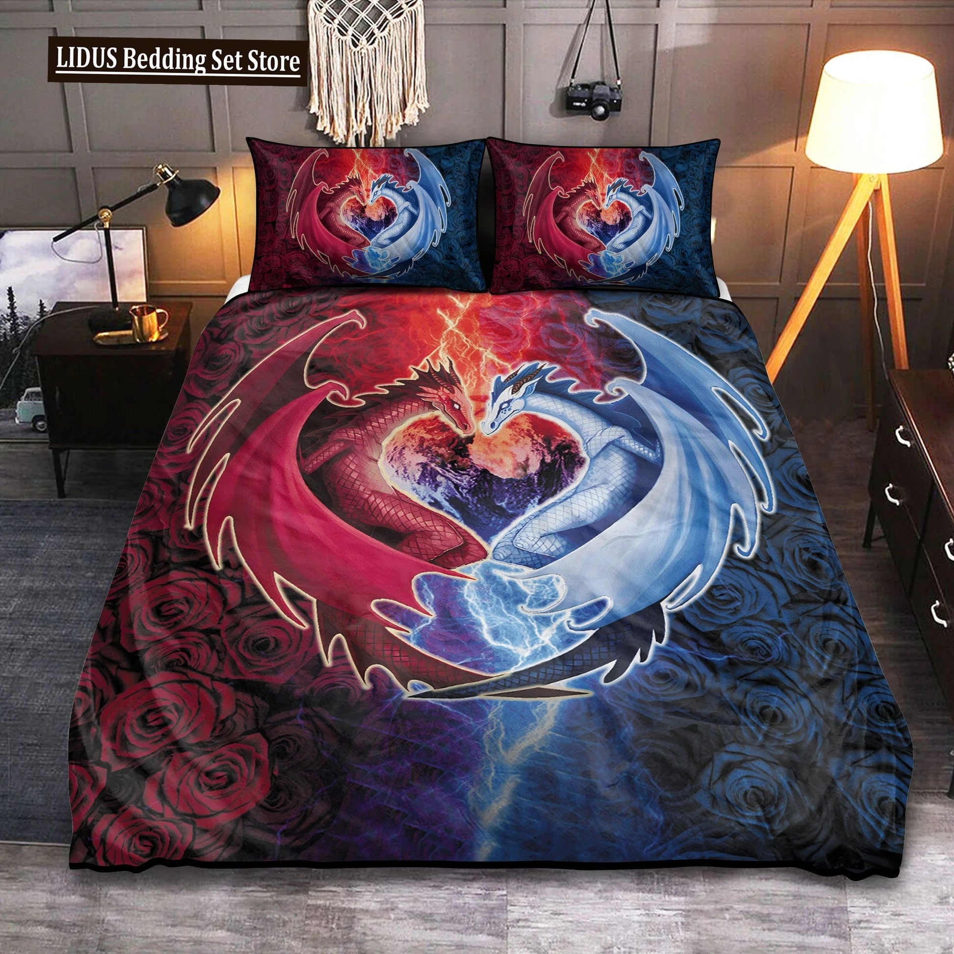 Dragon And Phoenix Duvet Cover Set Full Queen Size, Fantasy World Monster Gothic Bedding Sets Bohemian Mandala Comforter Cover Lusy Store
