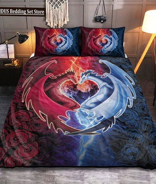Dragon And Phoenix Duvet Cover Set Full Queen Size, Fantasy World Monster Gothic Bedding Sets Bohemian Mandala Comforter Cover Lusy Store