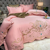 Egyptian Cotton Bedding Set Golden Embroidery Home Textiles Super Soft Bed Duvet Sheet Set King Queen Size Chic Stitch Linen 이불 Lusy Store