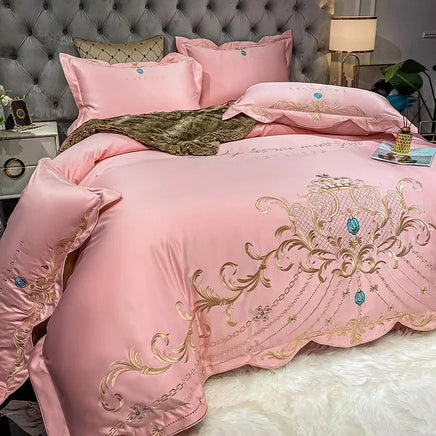 Egyptian Cotton Bedding Set Golden Embroidery Home Textiles Super Soft Bed Duvet Sheet Set King Queen Size Chic Stitch Linen 이불 Lusy Store