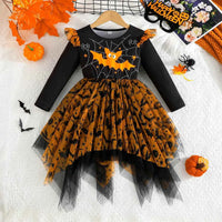 1-5Y Toddler Girls Halloween Dresses For Kids Long Sleeve Allover Bat Printed Party Dresses Children Baby Halloween Costumes Orange Purple Bat
