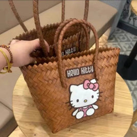 Sanrio Hello Kitty Cartoon Cute Woven Handbag Creative Kawaii Girls' Storage Bag Holiday Travel Beach Bag Gift Wholesale