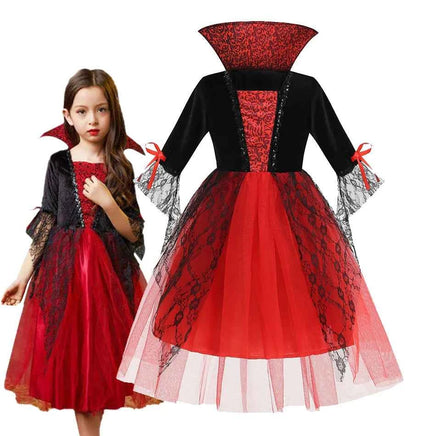 Girls Ghost Bride Gothic Rose Skeleton Scary Halloween Cosplay Costume Dress Role Play Carnival Children Party Outfit 1 PCS Set E