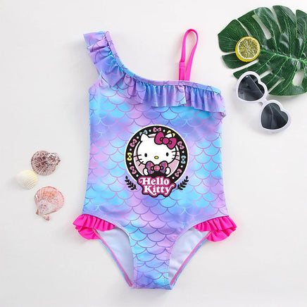 Hello Kitty Girls Swimsuit Mermaid Fish Scale One-Piece Bathing Suits Children's Dresses Kids Wear Summer Swimwear Beach Suit 026