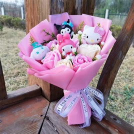 Lusy Store LLC Kuromi My Melody Cinnamoroll Hello Kitty Soap Flower Cartoon Plush Bouquet Valentine's Day Christmas Graduation Gift Bouquet