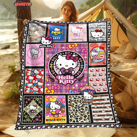 Multi-grid Sanrio Hello Kitty in Flowers Blanket, Home Office Nap RV Blanket for Four Seasons, Machine Washable Flannel Blankets Style D