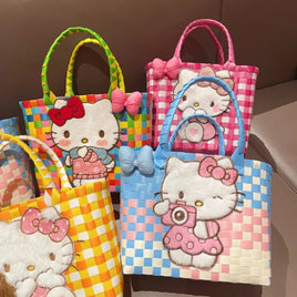 Sanrio Hello Kitty Handmade Limited Edition Sea Salt Blue College Style Kitty Cat Woven Bag For Girls Y2k Handbag Periphery