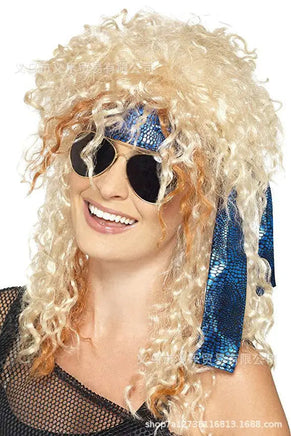 Men Women 70s 80s Rock Punk Wig Long Curly Synthetic Hair Halloween Wigs Halloween Costumes Animation Wigs GOLD