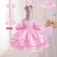 Movie Pink Party Cospaly Costume for Girl Bow Plaid Princess Ball Gown Role Up Birthday Dresses for Girls Tutu Halloween Costume pink 7pcs