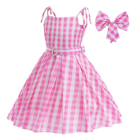 Girls Pink Barbie Princess Dress Movie Role Playing Costume With Belt Plaid Sling Dress Halloween Birthday Outfit Dress Up 2-10T