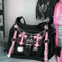 Hello Kitty Gothic Punk Vintage Pink Cross Chains Crossbody Bags For Women Black
