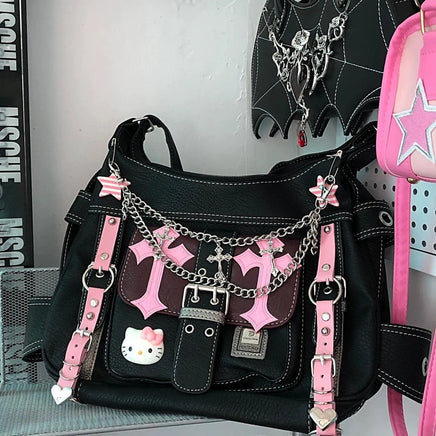 Hello Kitty Gothic Punk Vintage Pink Cross Chains Crossbody Bags For Women Black