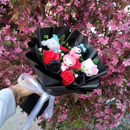 Lusy Store LLC Kuromi My Melody Cinnamoroll Hello Kitty Soap Flower Cartoon Plush Bouquet Valentine's Day Christmas Graduation Gift Bouquet