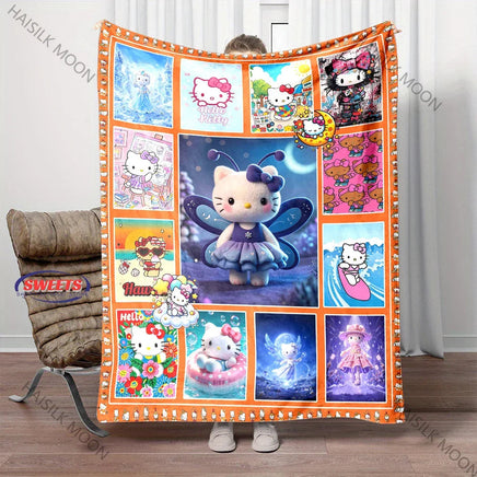 Multi-grid Sanrio Hello Kitty in Flowers Blanket, Home Office Nap RV Blanket for Four Seasons, Machine Washable Flannel Blankets Style H